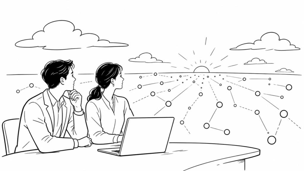 オープンイノベーションが求められる市場環境の変化を表す線画イラスト。中堅企業の担当者が変化の兆しを見つめる様子