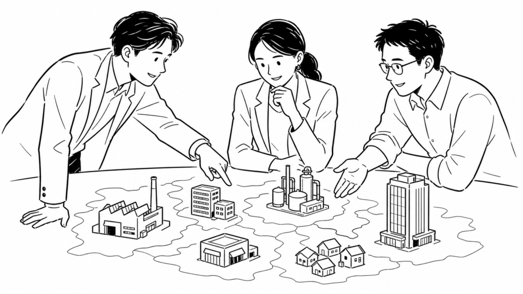 業種・企業規模別にオープンイノベーションの実践ポイントを検討する線画イラスト