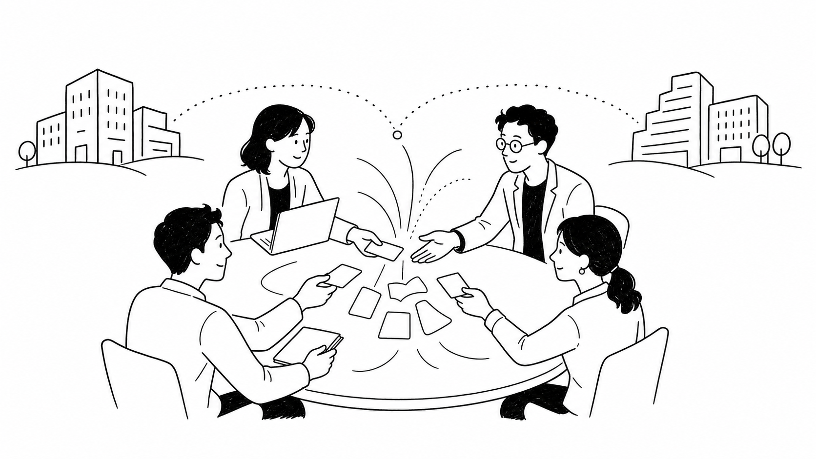 オープンイノベーションとは何かを表す線画イラスト。中堅企業の担当者が社外パートナーと知見を掛け合わせて新しい価値を生み出す様子