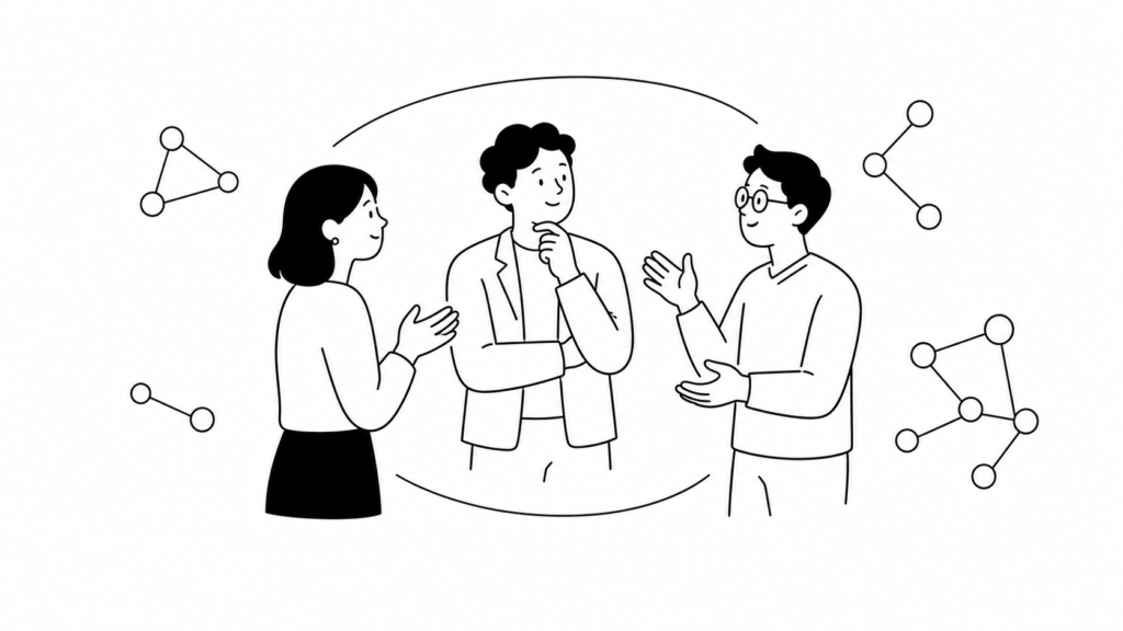 新規事業を推進するチームの体制づくりについて話し合う担当者たちの線画イラスト