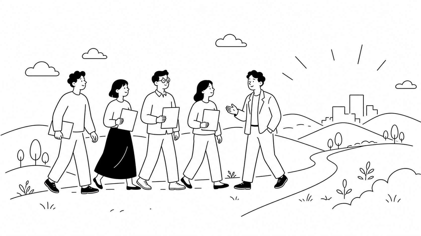 新規事業に挑戦する中堅企業の担当者たちが伴走者と共に次の一歩を踏み出す様子を表した線画イラスト