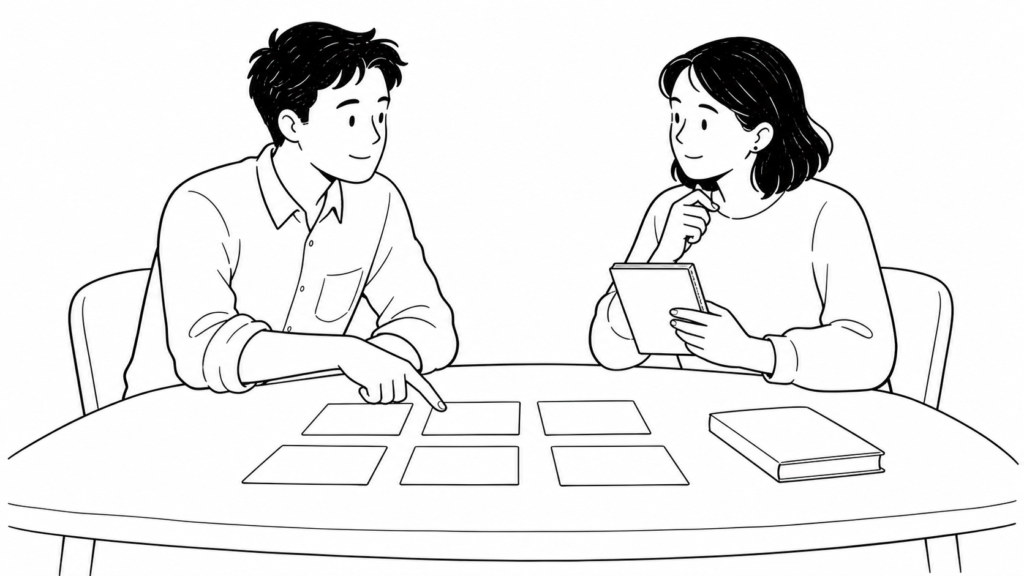 新規事業共創とオープンイノベーションの違いを整理する担当者2名の線画イラスト