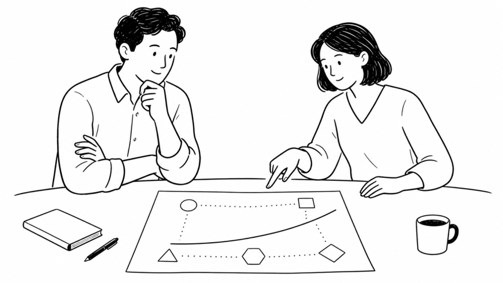 社内工数と外部連携コストを検討する担当者の線画イラスト
