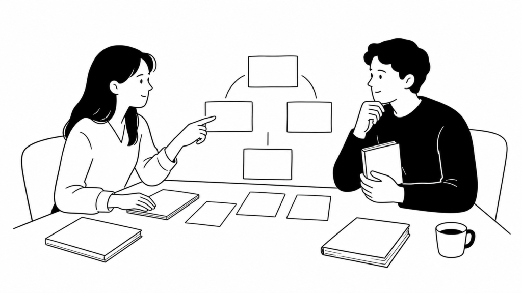 越境経験の定義と関連用語の違いを整理する担当者2名の線画イラスト