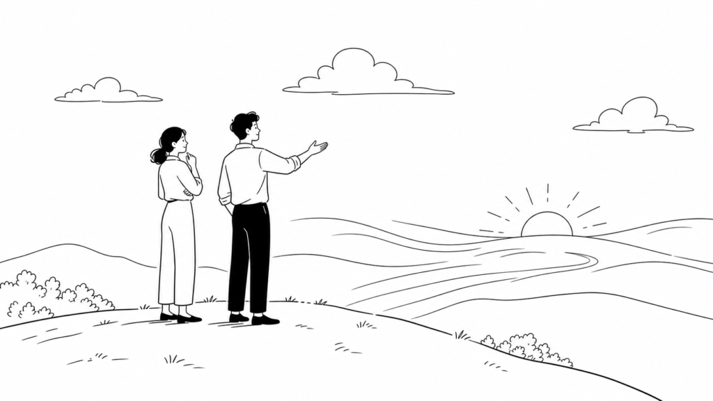 越境経験が注目される社会的背景を捉える担当者の線画イラスト