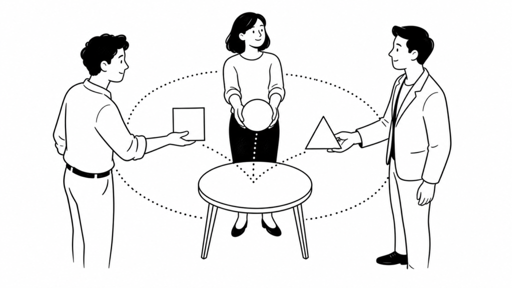 個人・送り出す企業・受け入れる企業それぞれが得るメリットを表す線画イラスト