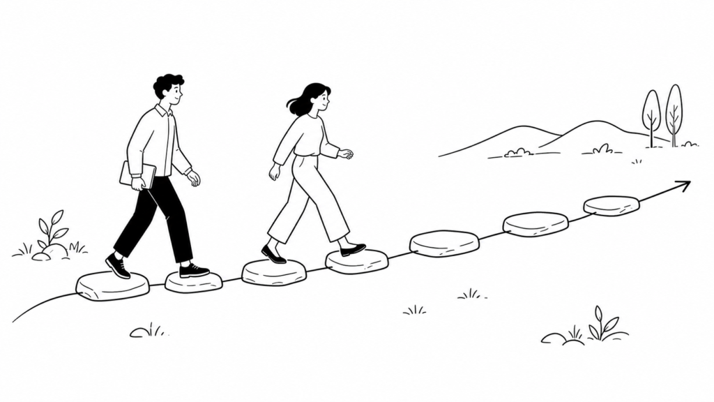 越境経験導入のステップを一歩ずつ進める担当者の線画イラスト