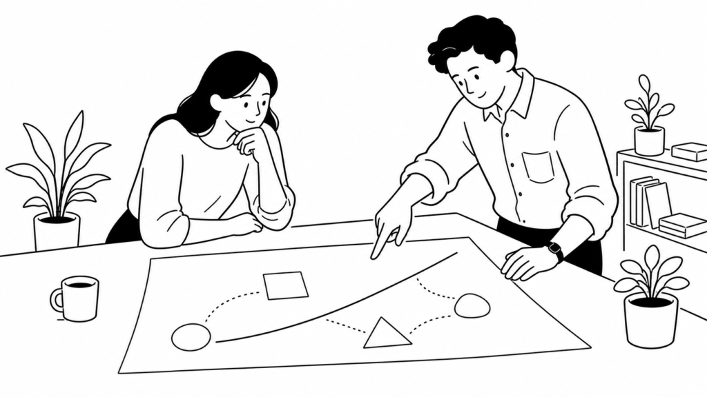 越境経験にかかる費用や社内工数を検討する担当者の線画イラスト