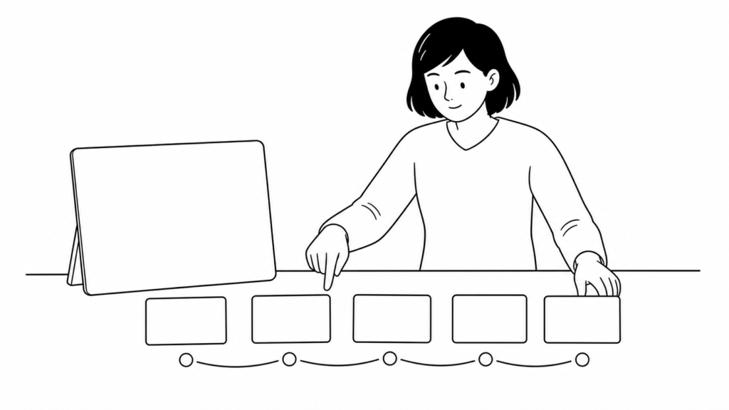 越境経験を始める前に確認事項を整理する担当者の線画イラスト