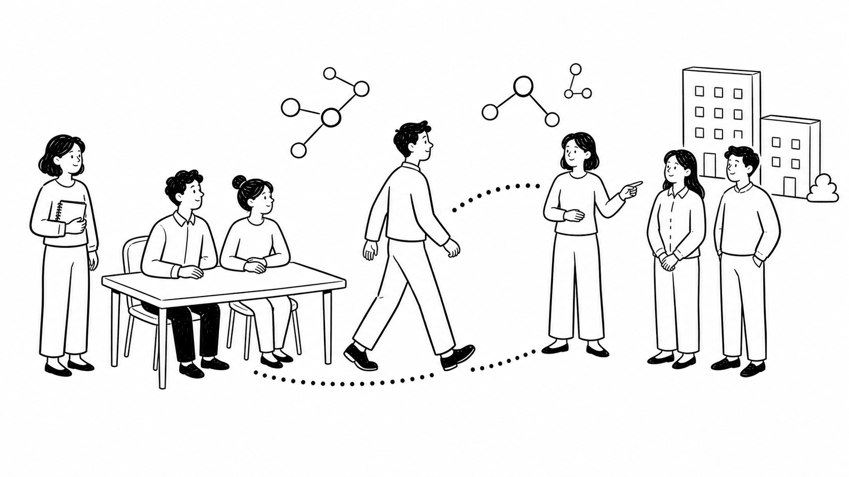 越境経験の意味と企業への広がりをテーマにした線画イラスト。組織の枠を越えて人がつながる様子を表現