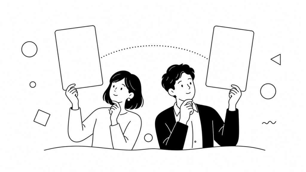 デジタル化とDXの違いを比較検討する線画イラスト