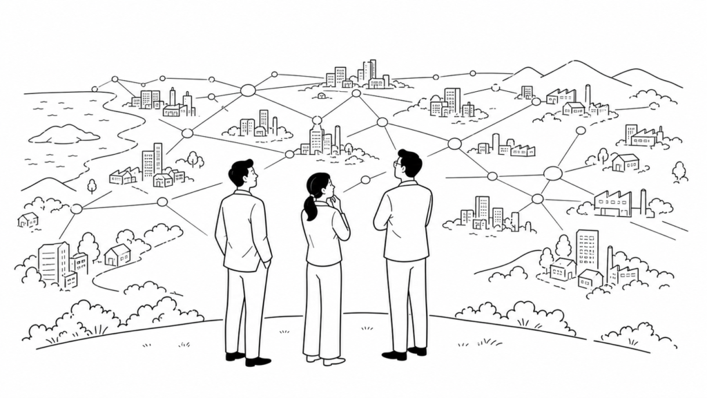 中堅企業にデジタル化が求められる背景を表す線画イラスト