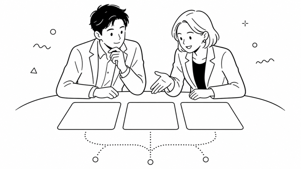デジタル化の進め方における3つのアプローチを比較する線画イラスト