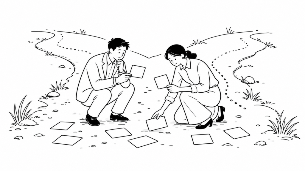 デジタル化で陥りやすい失敗パターンとリスクを確認する線画イラスト