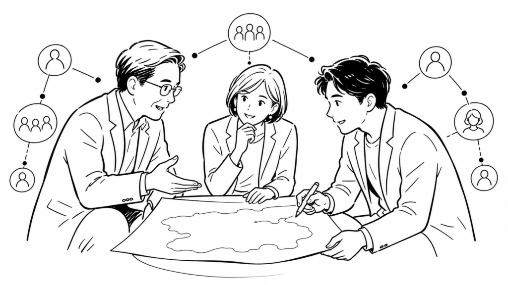 デジタル化を推進する社内体制と人材要件を表す線画イラスト