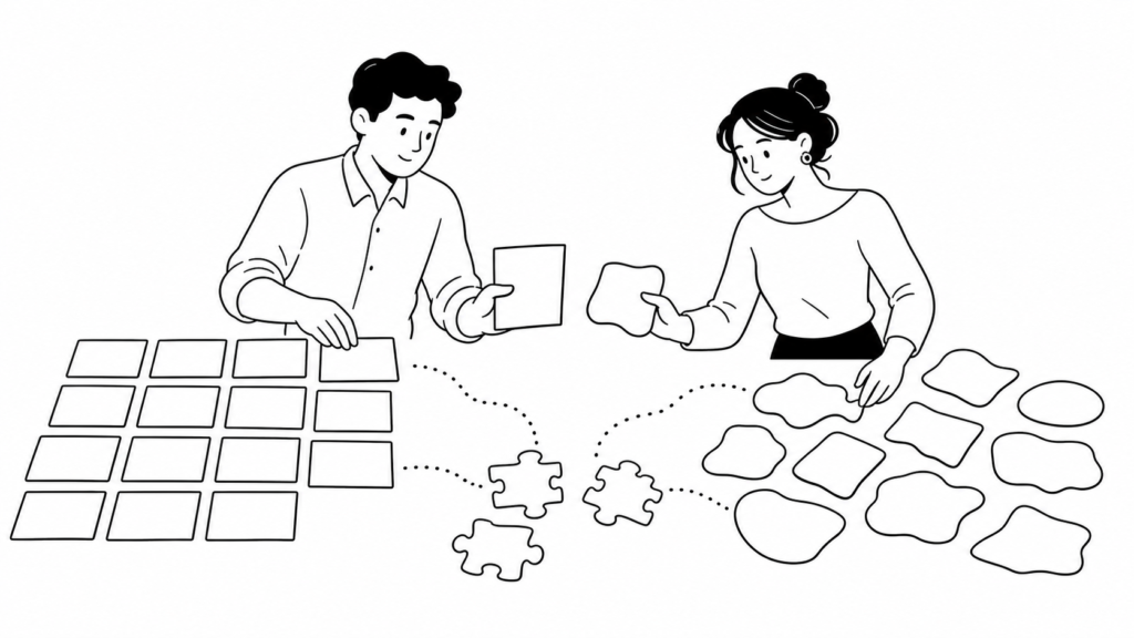 構造化データと非構造化データの種類を示すイメージ｜内部データと外部データを表す線画イラスト