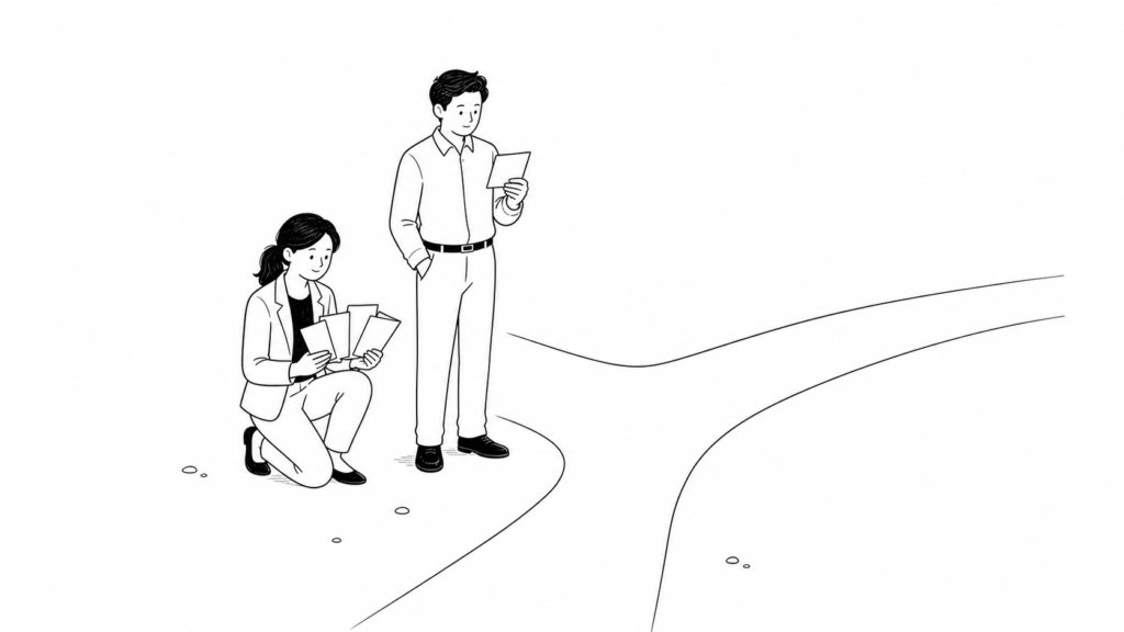 データ活用のリスクや注意点を示すイメージ｜目的の曖昧さやデータ品質の課題を表す線画イラスト