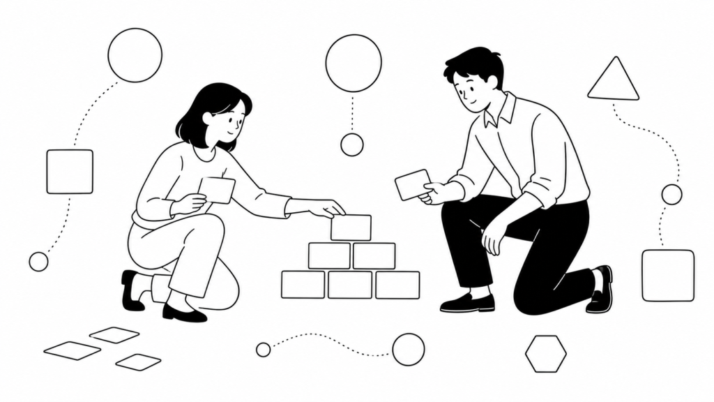 データ活用にかかるコストとリソースの目安を示すイメージ｜段階的な投資判断を表す線画イラスト