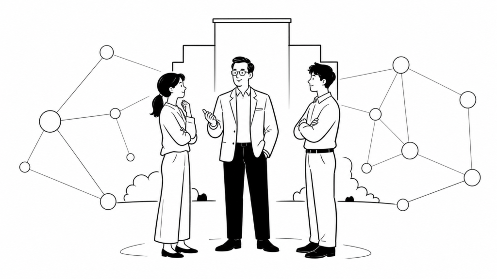 データ活用を推進する社内体制を示すイメージ｜経営層と現場をつなぐ推進チームを表す線画イラスト