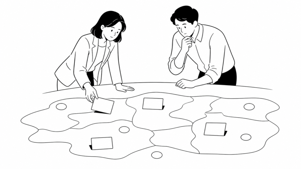 業種別のデータ活用の視点を示すイメージ｜ハウスメーカーや建設業の特有課題を表す線画イラスト