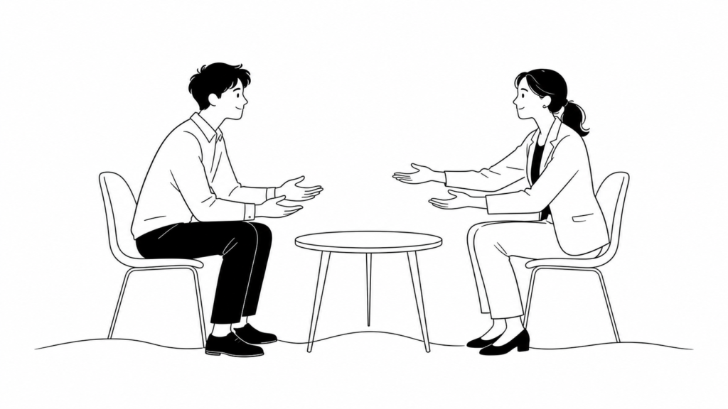 データ活用を新規事業につなげる考え方を示すイメージ｜専門家との伴走を表す線画イラスト
