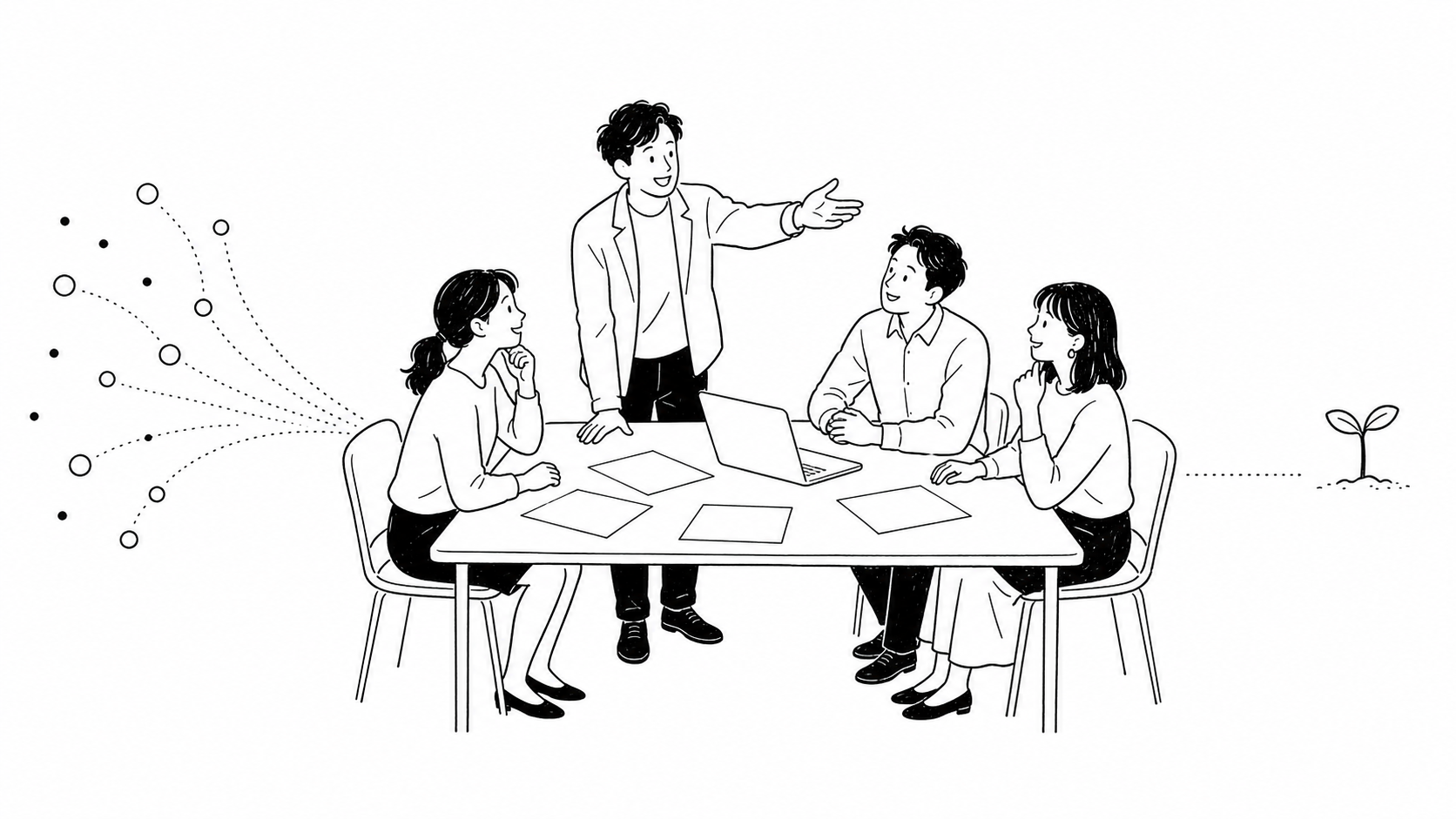 データ活用のイメージ｜中堅企業の新規事業・DX推進を表す線画イラスト