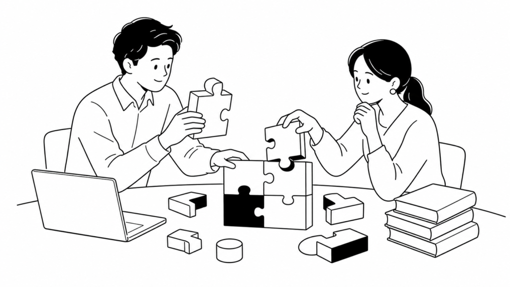 机の上でパズルピースのようなブロックを組み合わせ、CRMの機能を確認する担当者の線画イラスト
