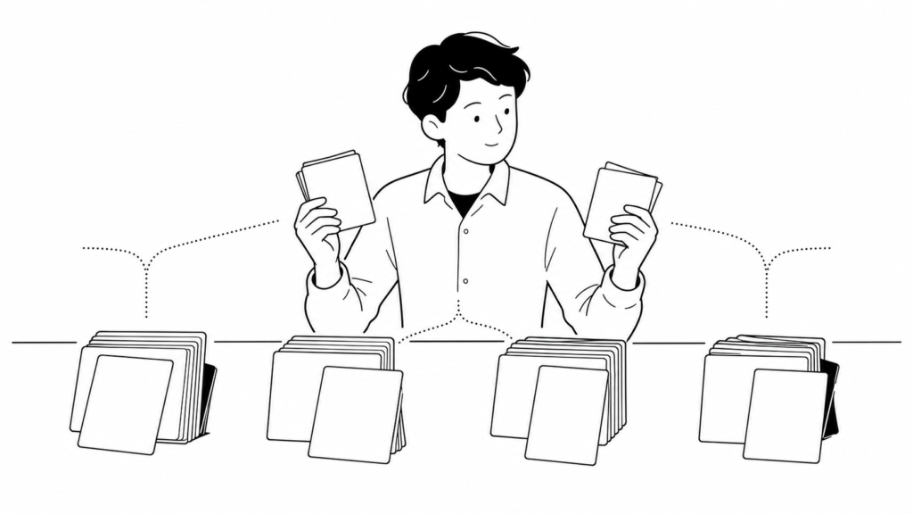 複数のカードの束を見比べながらCRMとSFA・MA・ERPの違いを確認する担当者の線画イラスト