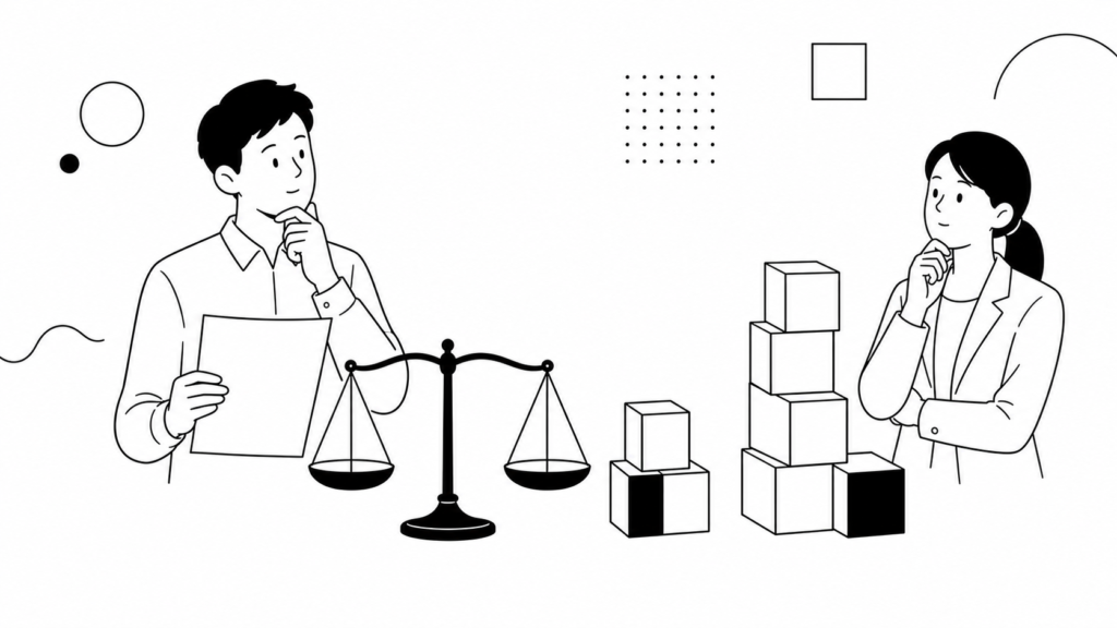 天秤と積み木を見比べながらCRM導入のコストとリソース感を検討する担当者の線画イラスト