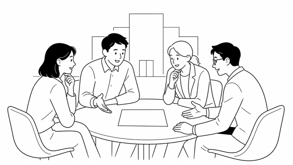 複数の担当者が円になって話し合い、CRM推進の社内体制を築く様子を表現した線画イラスト