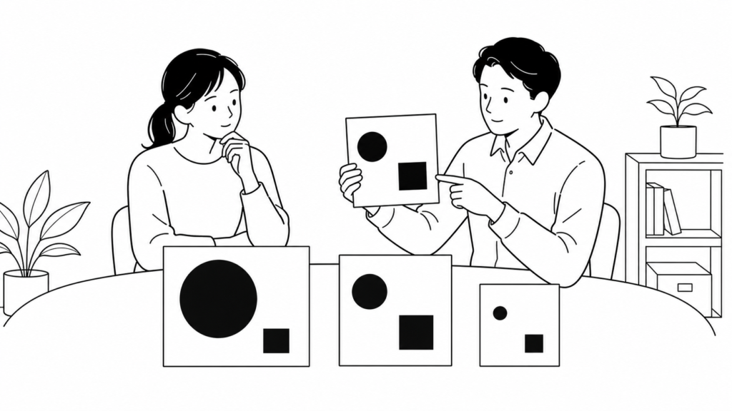 大小異なる図形のカードを見比べ、自社の規模に合ったCRM活用を選ぶ担当者の線画イラスト