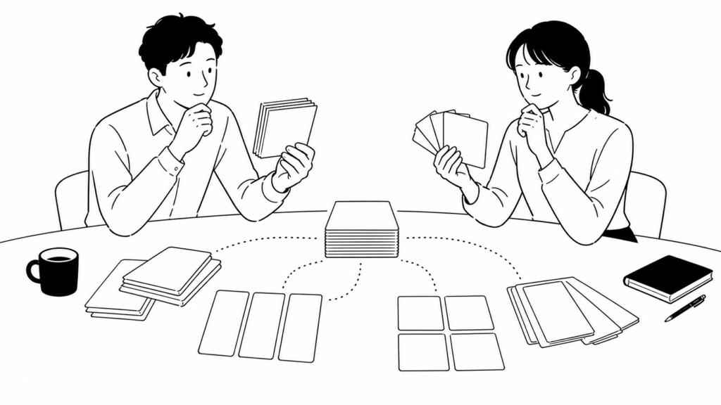 複数のカードの束を見比べながらCDPとCRM・DMP・MAの違いを確認する担当者の線画イラスト