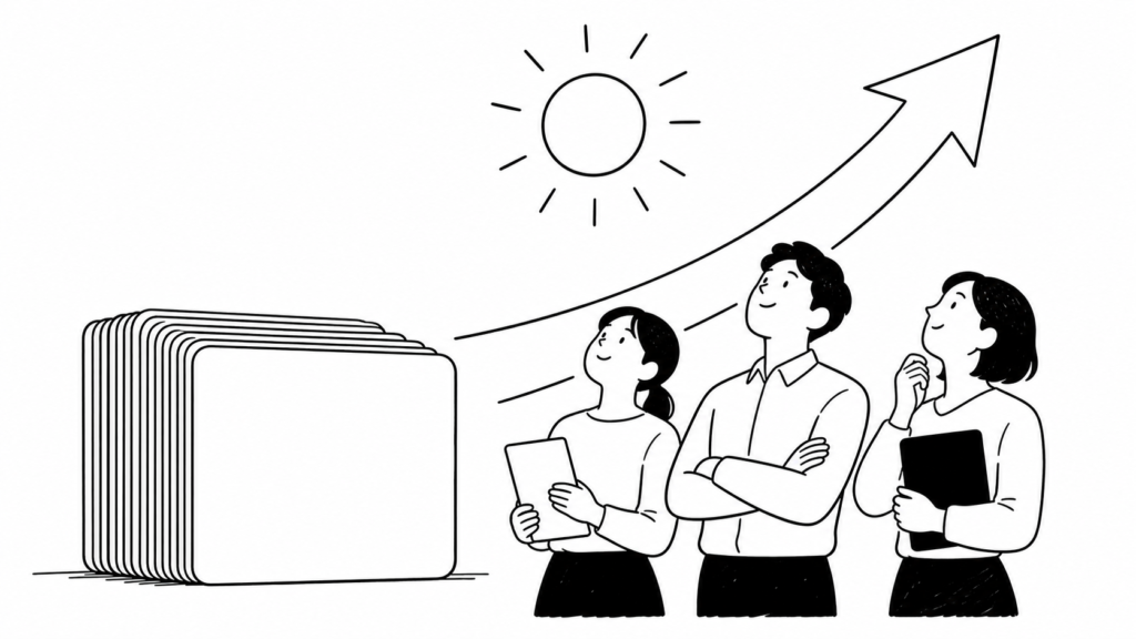 整理されたデータのそばで太陽と上向きの矢印を見上げCDP導入のメリットを実感する担当者の線画イラスト