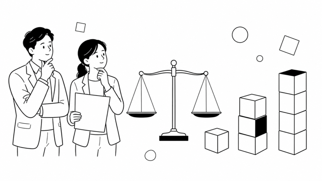 天秤と積み木を見比べながらCDP導入のコストとリソース感を検討する担当者の線画イラスト