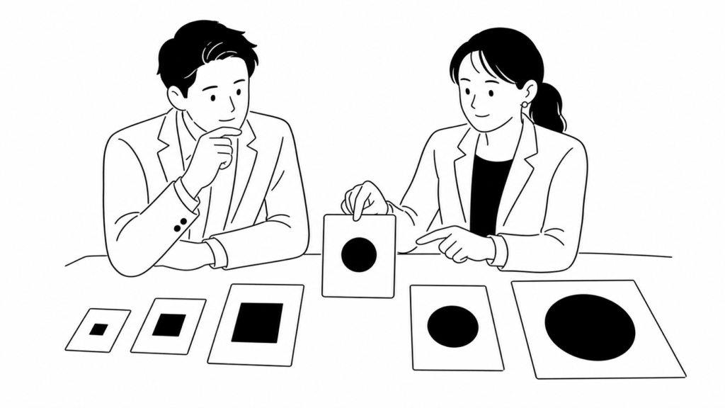 大小異なる図形のカードを見比べ自社の規模に合ったCDP活用を選ぶ担当者の線画イラスト
