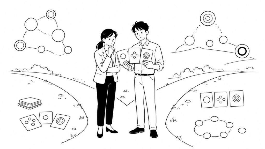 分岐した道の前で円形のカードを見つめCDP活用の成功パターンと失敗パターンを見極める担当者の線画イラスト