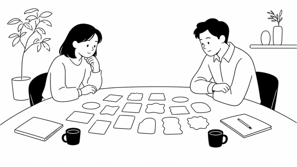 顧客接点（タッチポイント）の定義を説明する線画イラスト。多様な接点を一つのテーブルで整理する様子