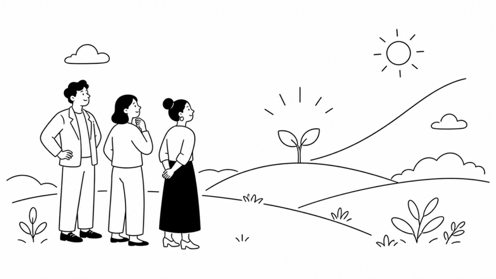 顧客接点改革がもたらすメリットを表す線画イラスト。芽と丘を見上げる前向きな担当者