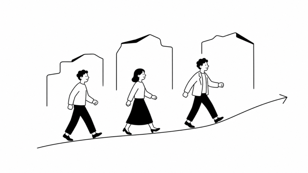顧客接点改革の進め方を表す線画イラスト。踏み石を一歩ずつ進む担当者