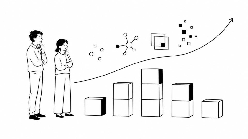 顧客接点改革のコスト・リソース感を表す線画イラスト。積み木状のブロックと曲線を見比べる担当者