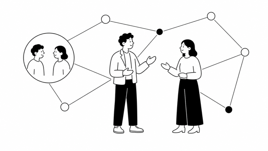顧客接点改革の推進体制・人材要件を表す線画イラスト。円陣を組むチームとネットワークのノード