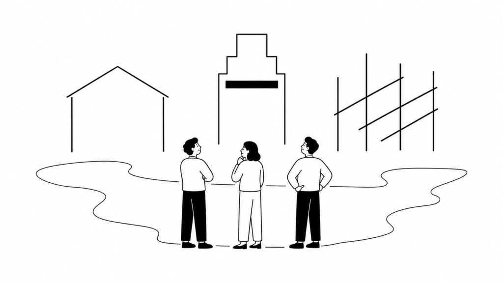 業種別に見る顧客接点改革の論点を表す線画イラスト。異なる業種の建物を見比べる担当者
