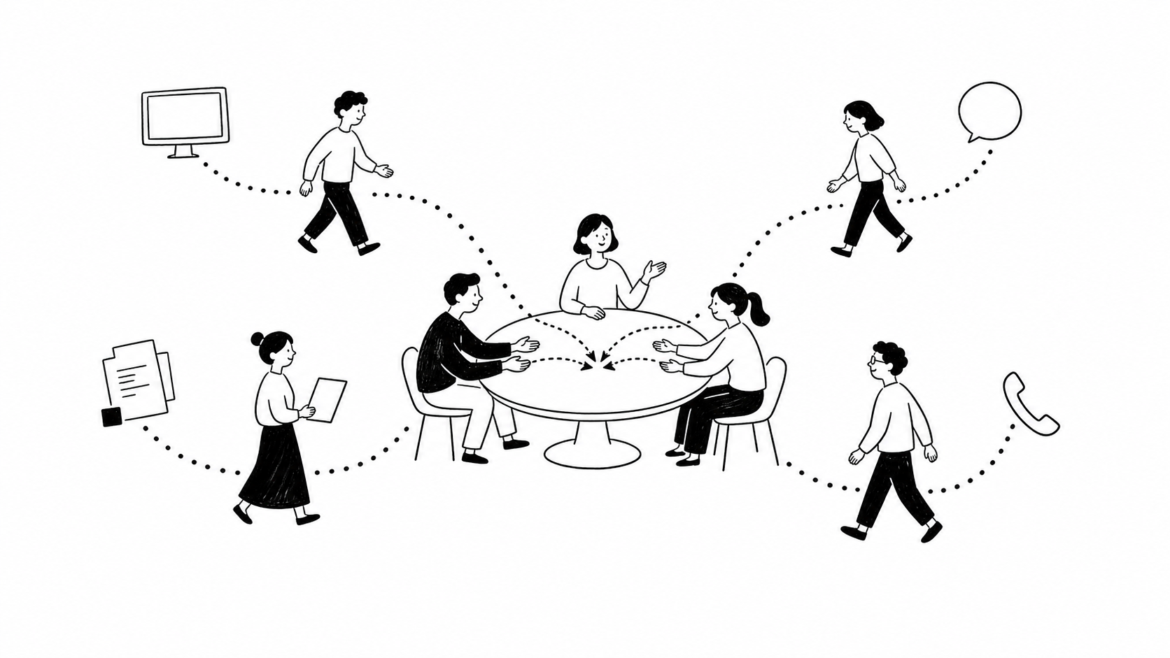 顧客接点改革のイメージを表す線画イラスト。バラバラだった複数の顧客接点が一つに集約される様子