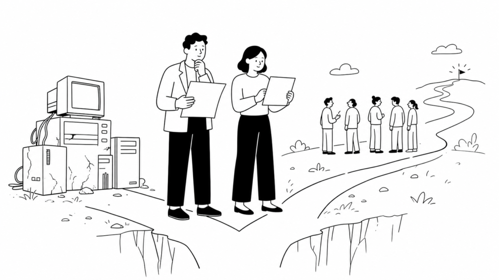 中堅企業がDXを求められる構造的な背景を慎重に確認する担当者の線画イラスト
