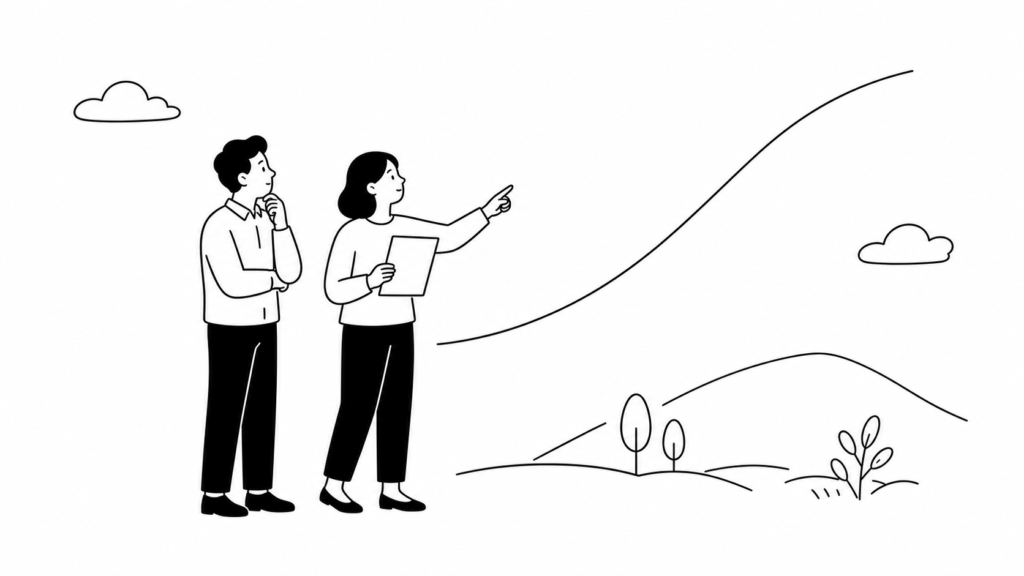 日本企業のDX推進状況を示す調査データを検討する担当者の線画イラスト