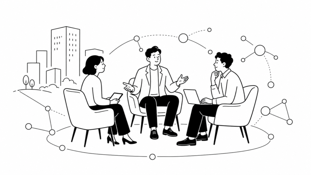 DX推進体制づくりについて話し合う経営層と担当者の線画イラスト