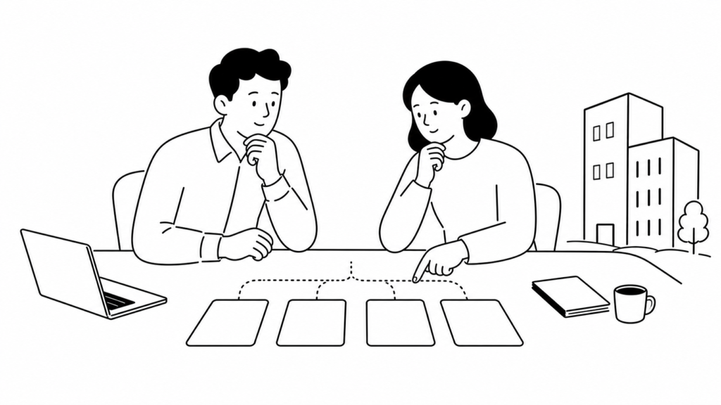 業種別のDX推進の視点を比較検討する担当者の線画イラスト