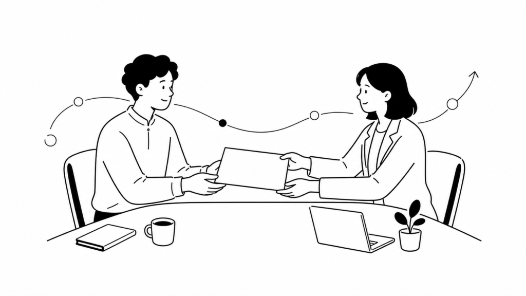 公的支援制度と専門家の伴走支援を受ける担当者の線画イラスト