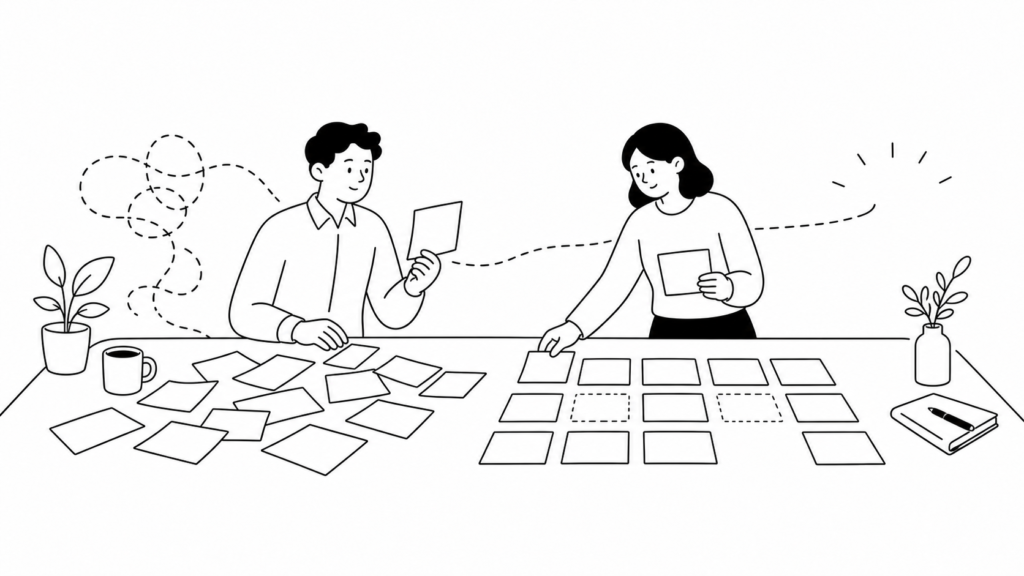 DX推進でよくある失敗パターンを整理し点検する担当者の線画イラスト