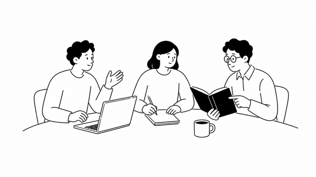 AIと生成AIの違いを整理して話し合う担当者の白黒線画イラスト